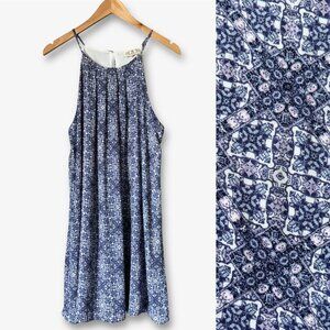 Pink Rose Trapeze Style Halter Mini Dress Blue White Womens Large Boho Vacation